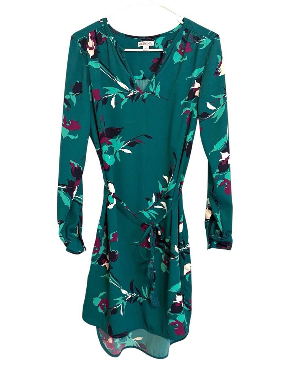 2/$30 Merona Floral Tie Waist Dress Green Long Sleeve Boho Shift Size Small